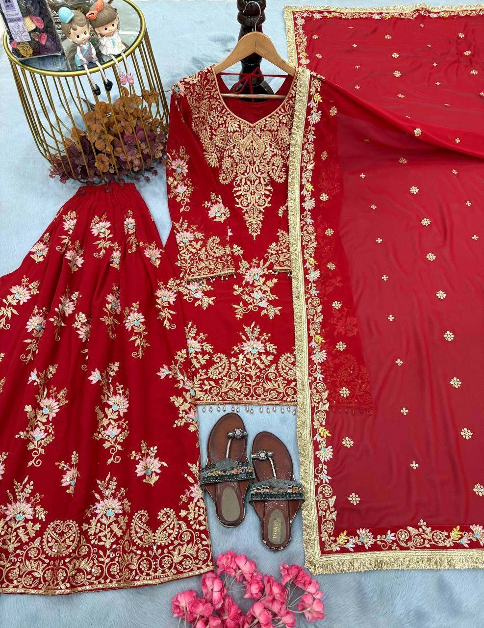 Red Heavy Embroidered Plazzo Dupatta Set ClothsVilla