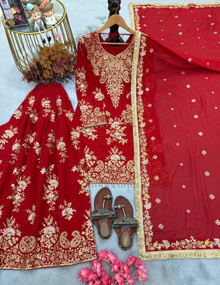Red Heavy Embroidered Plazzo Dupatta Set ClothsVilla