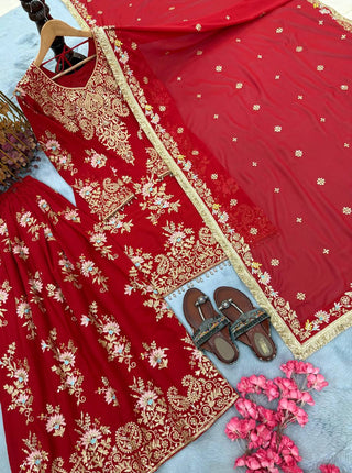 Red Heavy Embroidered Plazzo Dupatta Set ClothsVilla