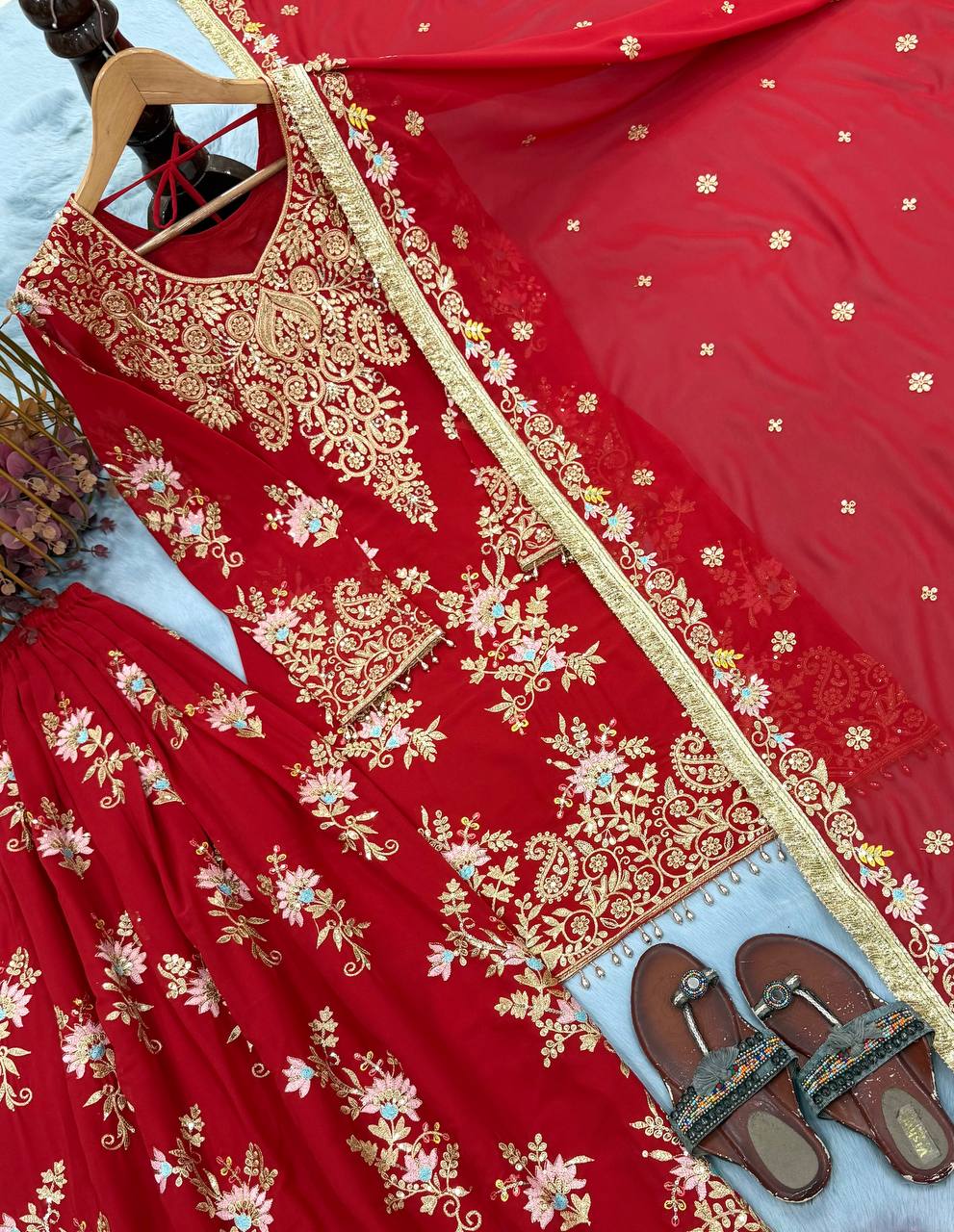 Red Heavy Embroidered Plazzo Dupatta Set ClothsVilla