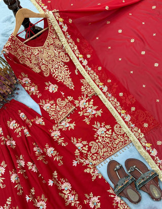 Red Heavy Embroidered Plazzo Dupatta Set ClothsVilla