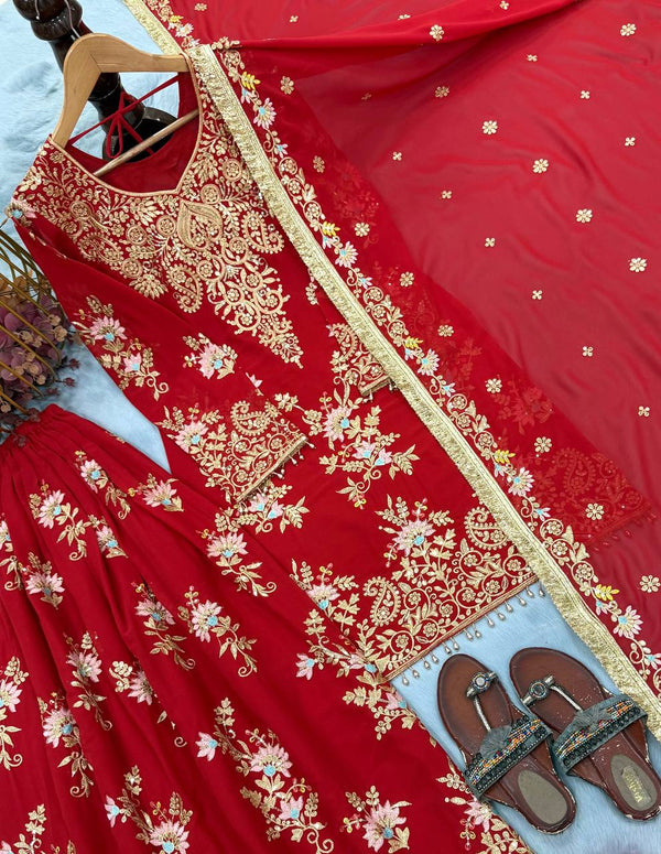 Red Heavy Embroidered Plazzo Dupatta Set ClothsVilla