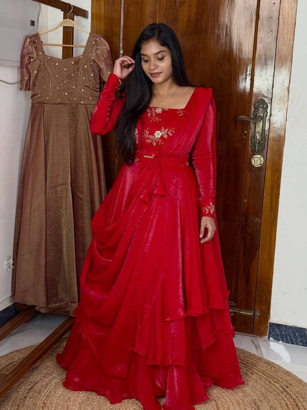 Red Heavy Fandy Satin Embroidered Lehenga Choli Set ClothsVilla