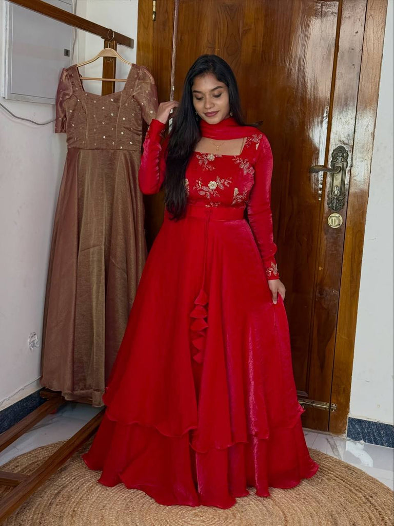 Red Heavy Fandy Satin Embroidered Lehenga Choli Set ClothsVilla