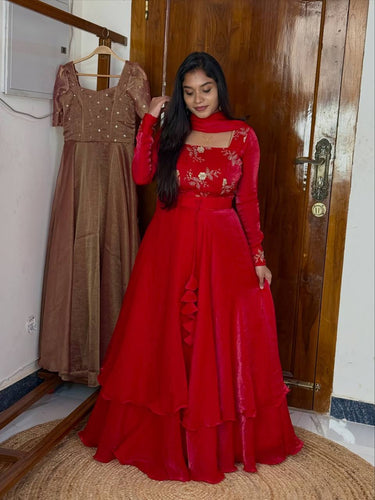 Red Heavy Fandy Satin Embroidered Lehenga Choli Set ClothsVilla