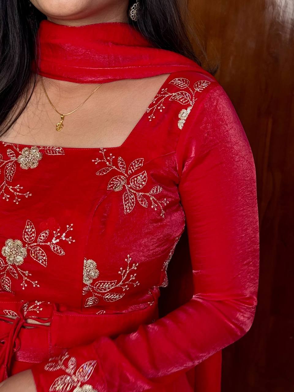 Red Heavy Fandy Satin Embroidered Lehenga Choli Set ClothsVilla