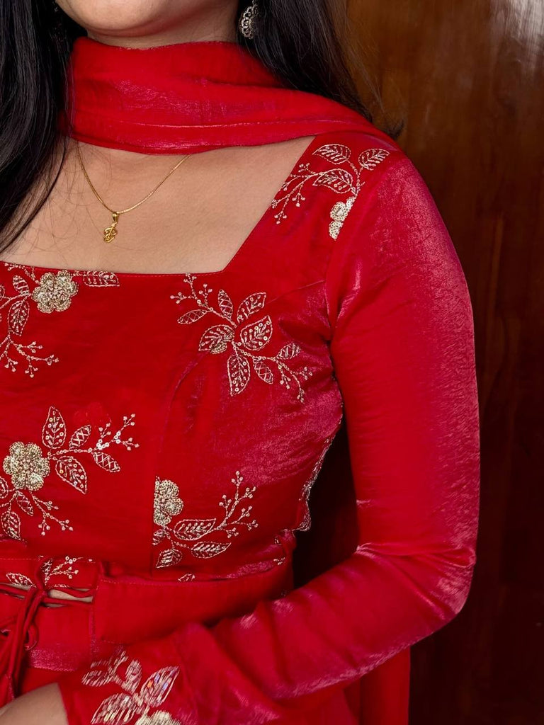 Red Heavy Fandy Satin Embroidered Lehenga Choli Set ClothsVilla