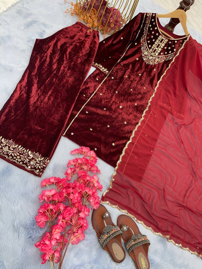 Red Heavy Pure Viscose Velvet Top with Plazzo & Dupatta Set - 5 mm Sequence Work and Fancy Sleeve ClothsVilla