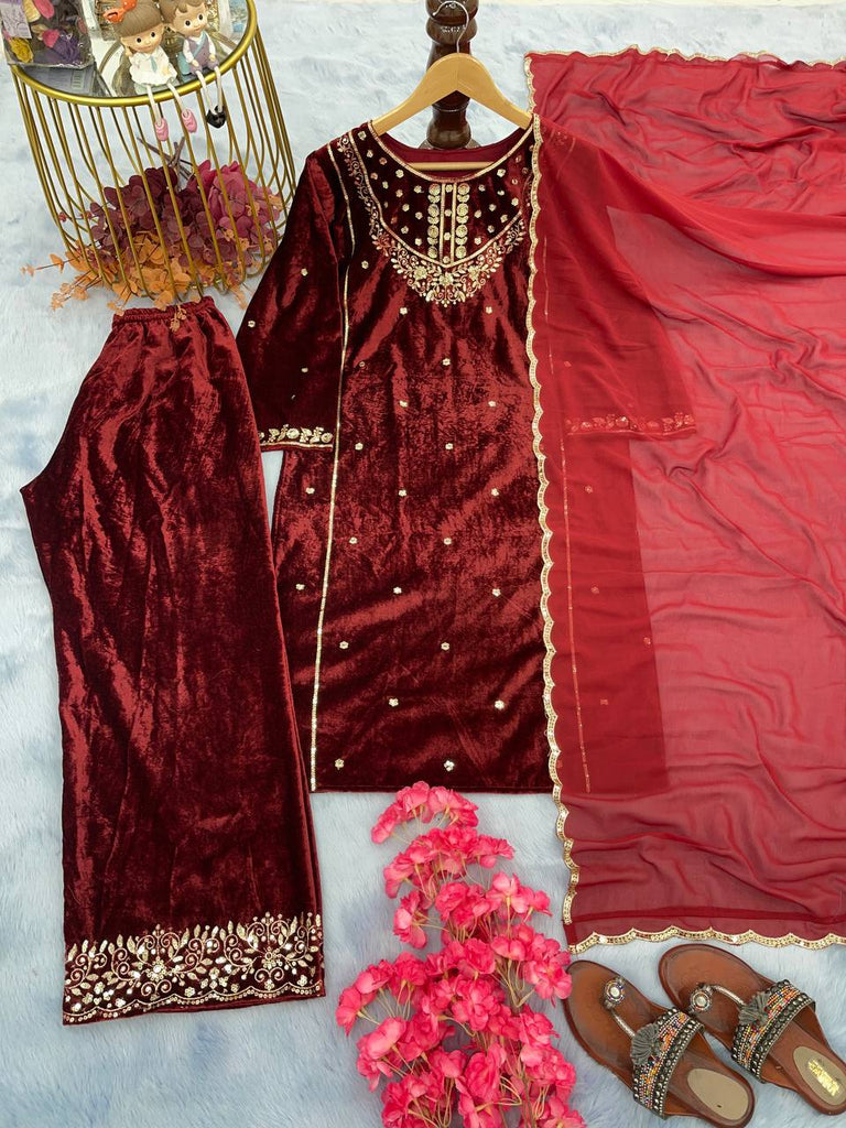 Red Heavy Pure Viscose Velvet Top with Plazzo & Dupatta Set - 5 mm Sequence Work and Fancy Sleeve ClothsVilla