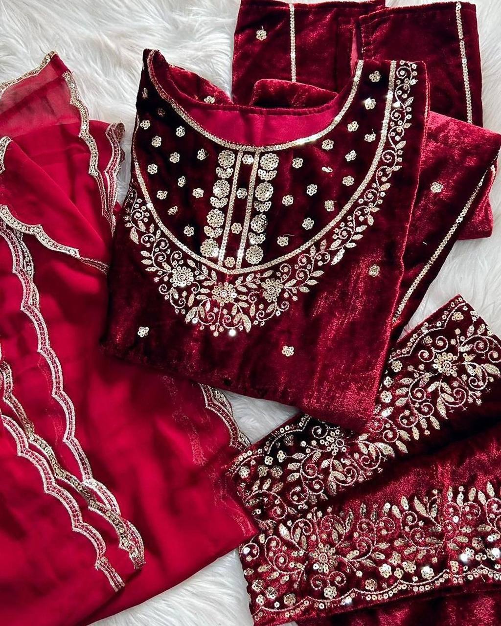 Red Heavy Pure Viscose Velvet Top with Plazzo & Dupatta Set - 5 mm Sequence Work and Fancy Sleeve ClothsVilla