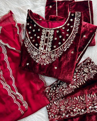 Red Heavy Pure Viscose Velvet Top with Plazzo & Dupatta Set - 5 mm Sequence Work and Fancy Sleeve ClothsVilla