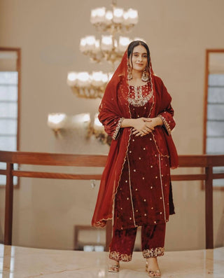 Red Heavy Pure Viscose Velvet Top with Plazzo & Dupatta Set - 5 mm Sequence Work and Fancy Sleeve ClothsVilla