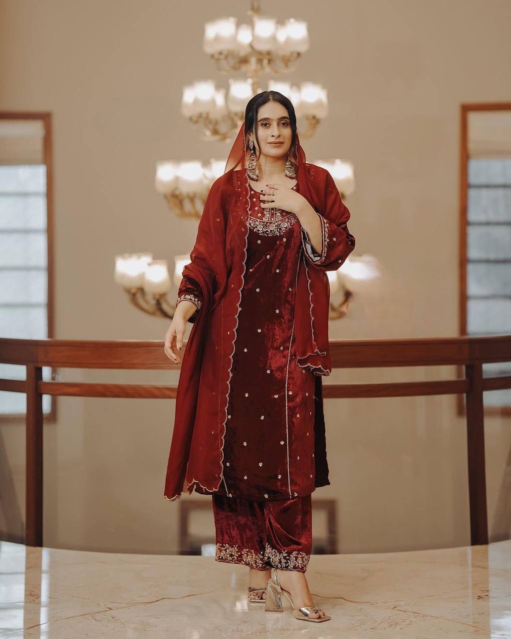 Red Heavy Pure Viscose Velvet Top with Plazzo & Dupatta Set - 5 mm Sequence Work and Fancy Sleeve ClothsVilla