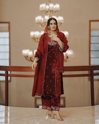 Red Heavy Pure Viscose Velvet Top with Plazzo & Dupatta Set - 5 mm Sequence Work and Fancy Sleeve ClothsVilla