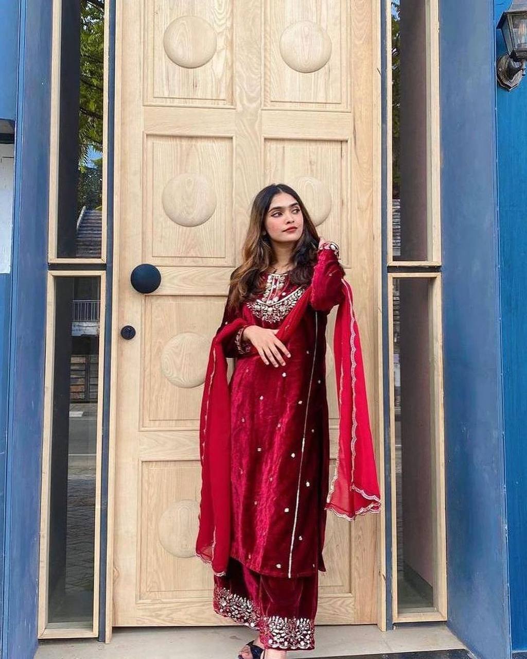 Red Heavy Pure Viscose Velvet Top with Plazzo & Dupatta Set - 5 mm Sequence Work and Fancy Sleeve ClothsVilla
