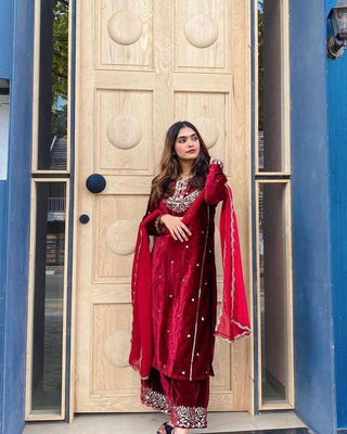 Red Heavy Pure Viscose Velvet Top with Plazzo & Dupatta Set - 5 mm Sequence Work and Fancy Sleeve ClothsVilla