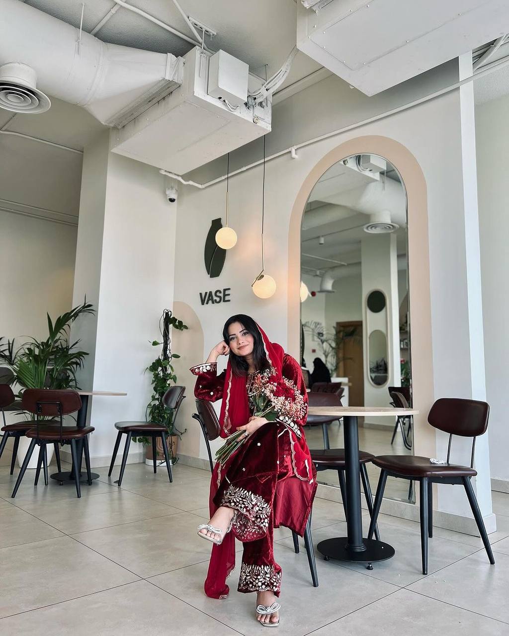 Red Heavy Pure Viscose Velvet Top with Plazzo & Dupatta Set - 5 mm Sequence Work and Fancy Sleeve ClothsVilla