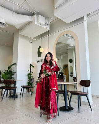 Red Heavy Pure Viscose Velvet Top with Plazzo & Dupatta Set - 5 mm Sequence Work and Fancy Sleeve ClothsVilla