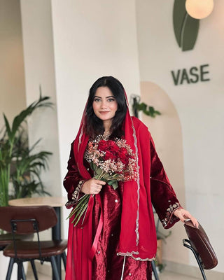 Red Heavy Pure Viscose Velvet Top with Plazzo & Dupatta Set - 5 mm Sequence Work and Fancy Sleeve ClothsVilla