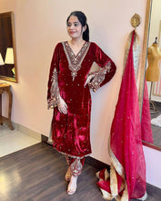 Load image into Gallery viewer, Red Heavy Pure Viscose Velvet Top with Plazzo &amp; Dupatta Set - Embroidery, Sequence Work, and Rivet Moti Accents ClothsVilla