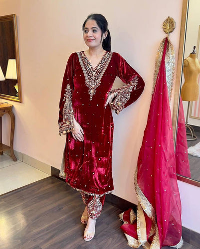Red Heavy Pure Viscose Velvet Top with Plazzo & Dupatta Set - Embroidery, Sequence Work, and Rivet Moti Accents ClothsVilla
