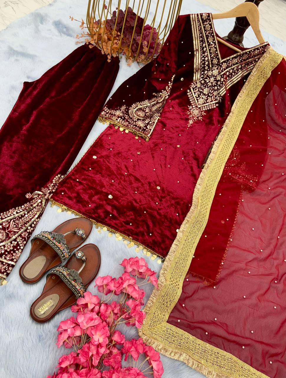 Red Heavy Pure Viscose Velvet Top with Plazzo & Dupatta Set - Embroidery, Sequence Work, and Rivet Moti Accents ClothsVilla
