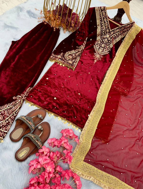 Red Heavy Pure Viscose Velvet Top with Plazzo & Dupatta Set - Embroidery, Sequence Work, and Rivet Moti Accents ClothsVilla