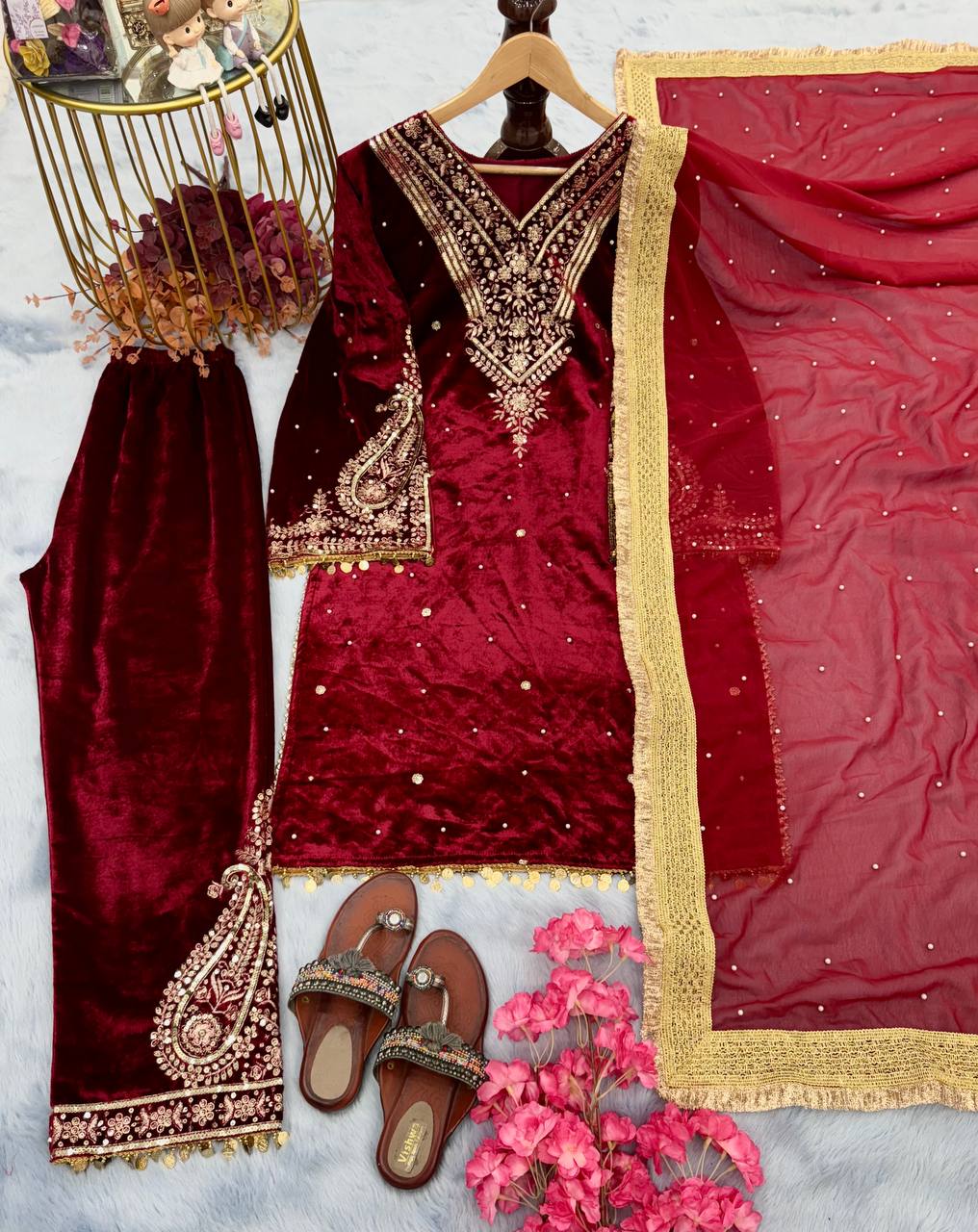Red Heavy Pure Viscose Velvet Top with Plazzo & Dupatta Set - Embroidery, Sequence Work, and Rivet Moti Accents ClothsVilla