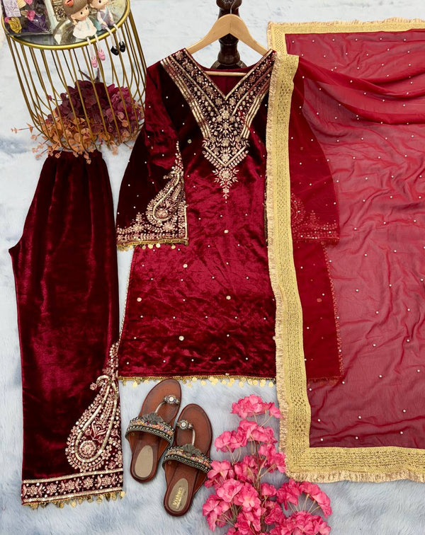 Red Heavy Pure Viscose Velvet Top with Plazzo & Dupatta Set - Embroidery, Sequence Work, and Rivet Moti Accents ClothsVilla