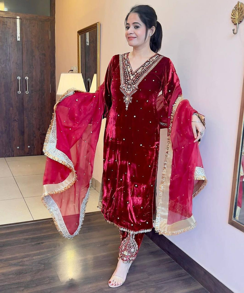 Red Heavy Pure Viscose Velvet Top with Plazzo & Dupatta Set - Embroidery, Sequence Work, and Rivet Moti Accents ClothsVilla