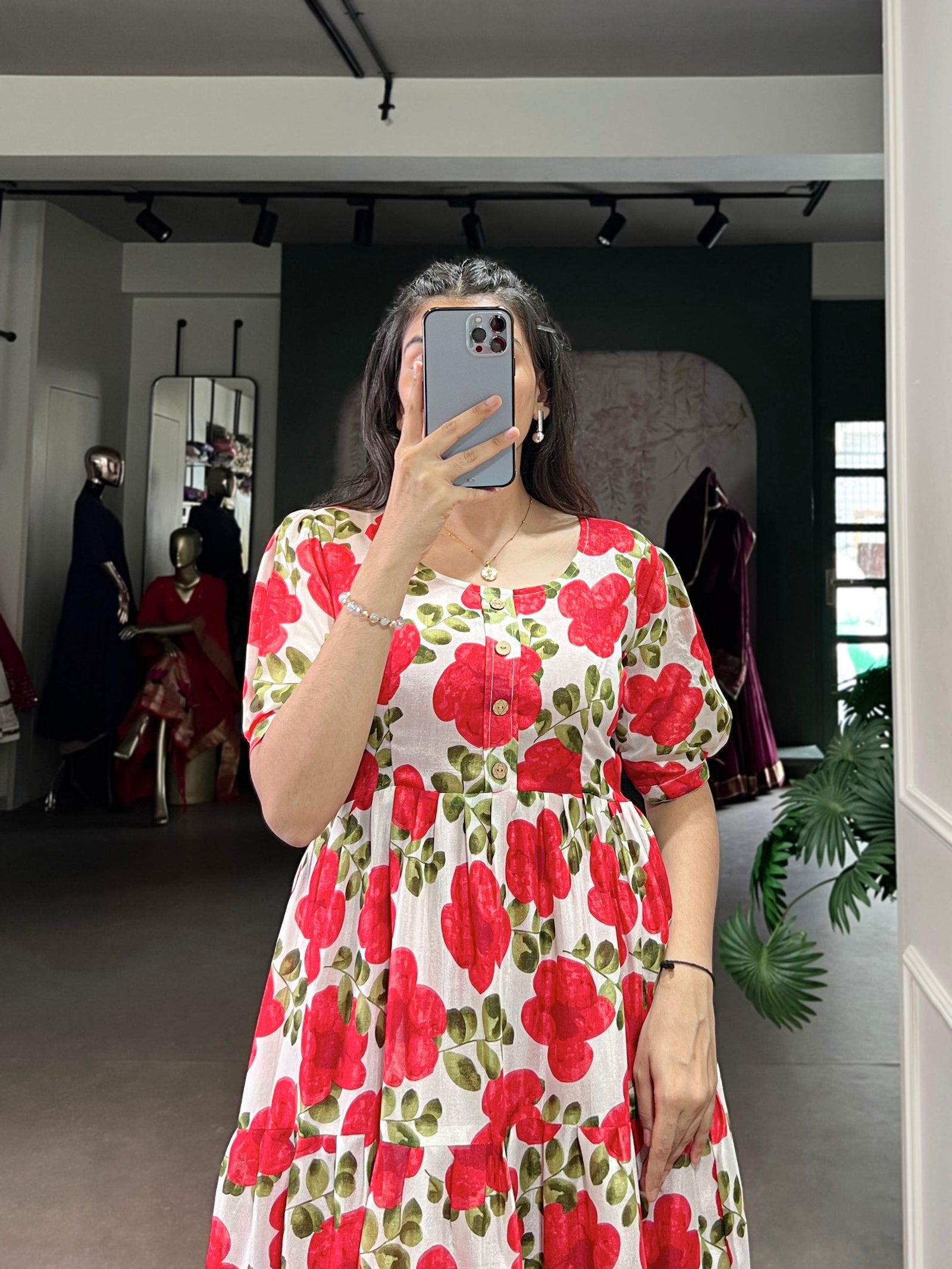Red ichitra Silk Floral Print Frock with 5-Meter Flair ClothsVilla