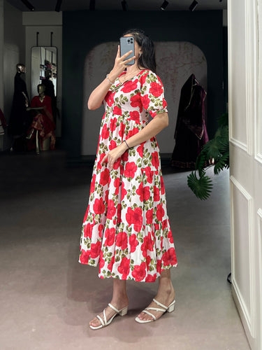 Red ichitra Silk Floral Print Frock with 5-Meter Flair ClothsVilla