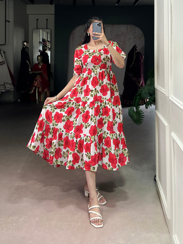 Red ichitra Silk Floral Print Frock with 5-Meter Flair ClothsVilla