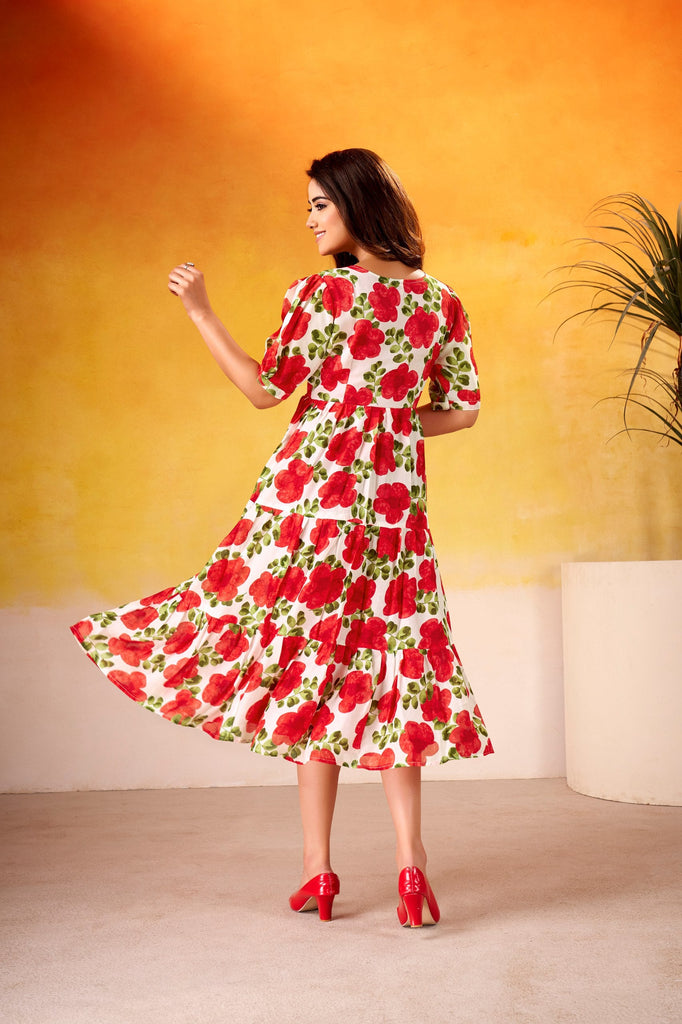 Red ichitra Silk Floral Print Frock with 5-Meter Flair ClothsVilla
