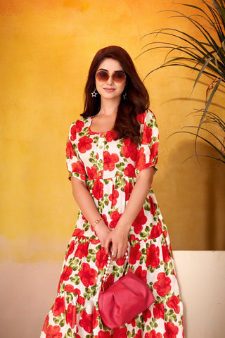 Red ichitra Silk Floral Print Frock with 5-Meter Flair ClothsVilla