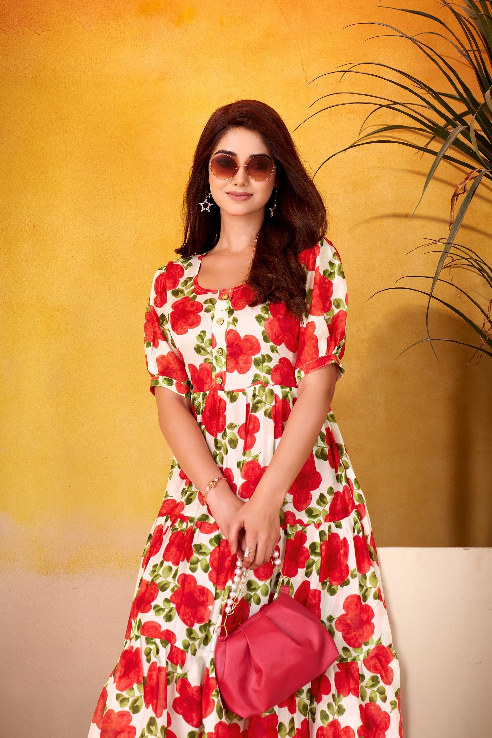 Red ichitra Silk Floral Print Frock with 5-Meter Flair ClothsVilla