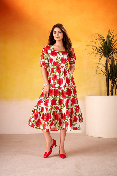Red ichitra Silk Floral Print Frock with 5-Meter Flair ClothsVilla Main image