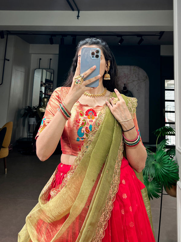 Red Jacquard Silk Paithani Lehenga ClothsVilla