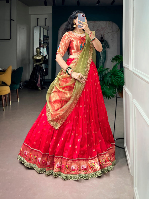 Red Jacquard Silk Paithani Lehenga ClothsVilla