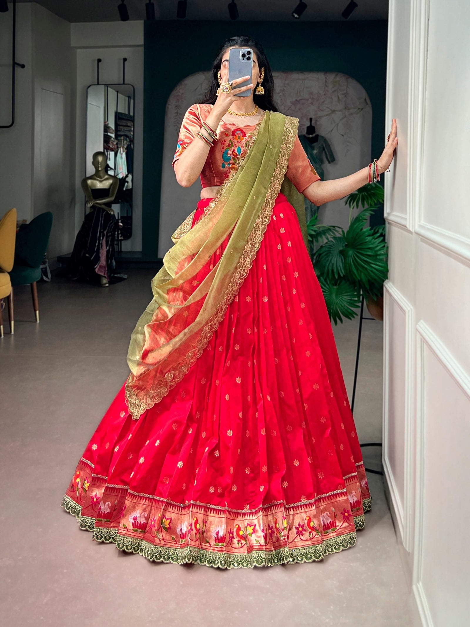 Red Jacquard Silk Paithani Lehenga ClothsVilla