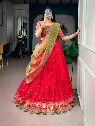 Red Jacquard Silk Paithani Lehenga ClothsVilla