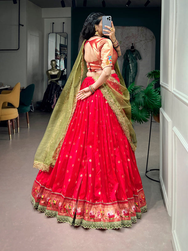 Red Jacquard Silk Paithani Lehenga ClothsVilla