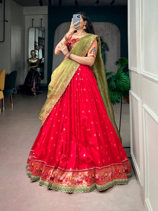Red Jacquard Silk Paithani Lehenga ClothsVilla