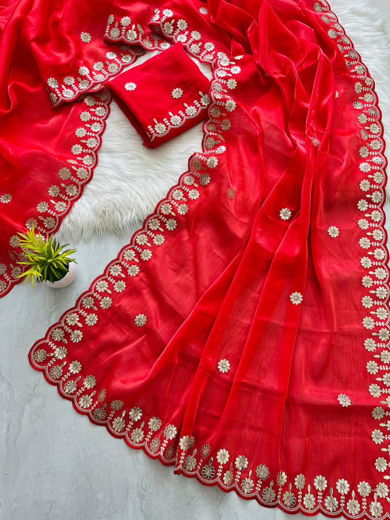 Red Jimmy Choo Saree with Beautiful Jaipuri Gota Work – Complete with Matching Running Blouse ClothsVilla