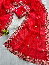 Load image into Gallery viewer, Red Jimmy Choo Saree with Beautiful Jaipuri Gota Work – Complete with Matching Running Blouse ClothsVilla