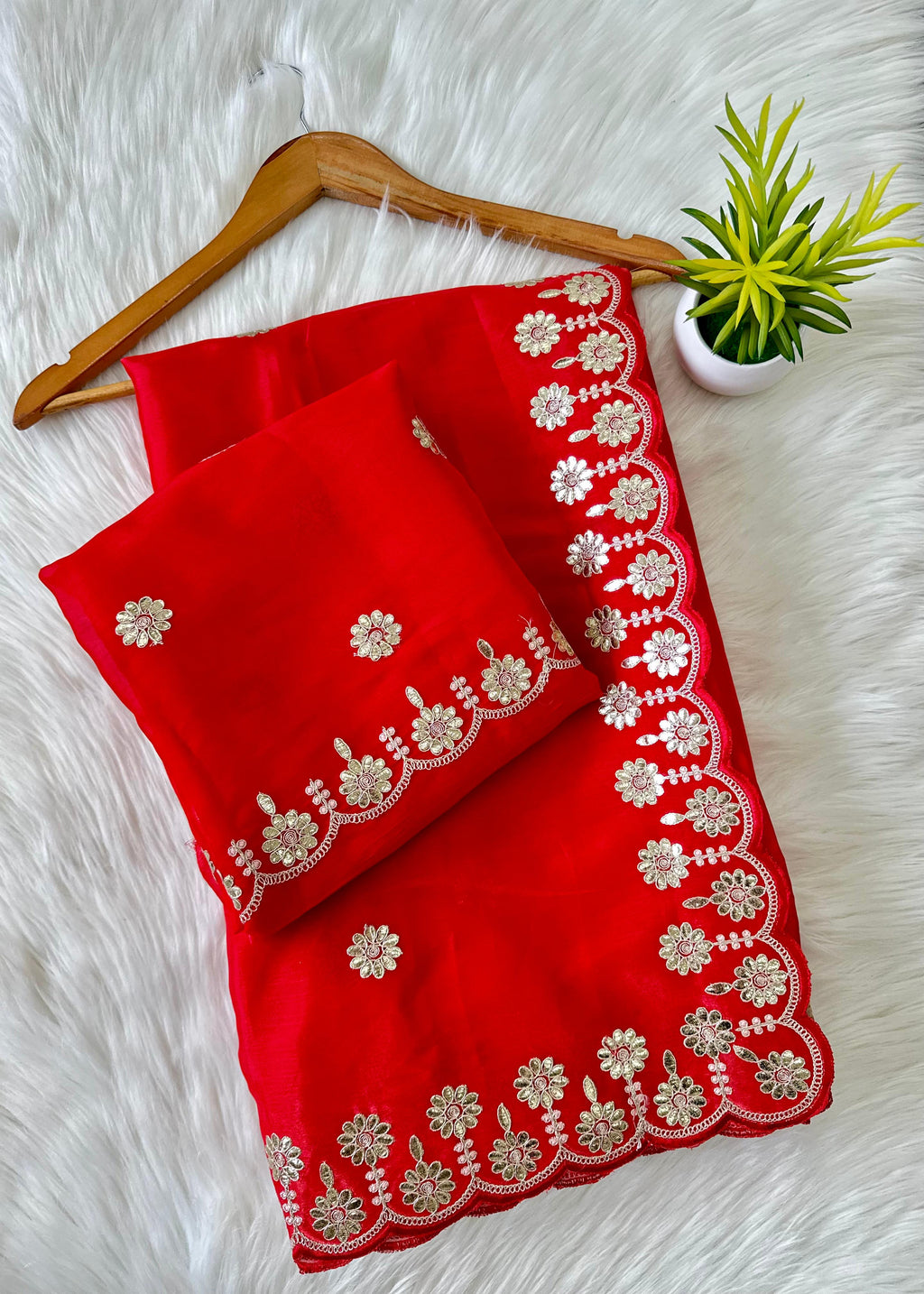Red Jimmy Choo Saree with Beautiful Jaipuri Gota Work – Complete with Matching Running Blouse ClothsVilla