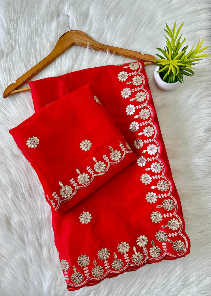 Red Jimmy Choo Saree with Beautiful Jaipuri Gota Work – Complete with Matching Running Blouse ClothsVilla