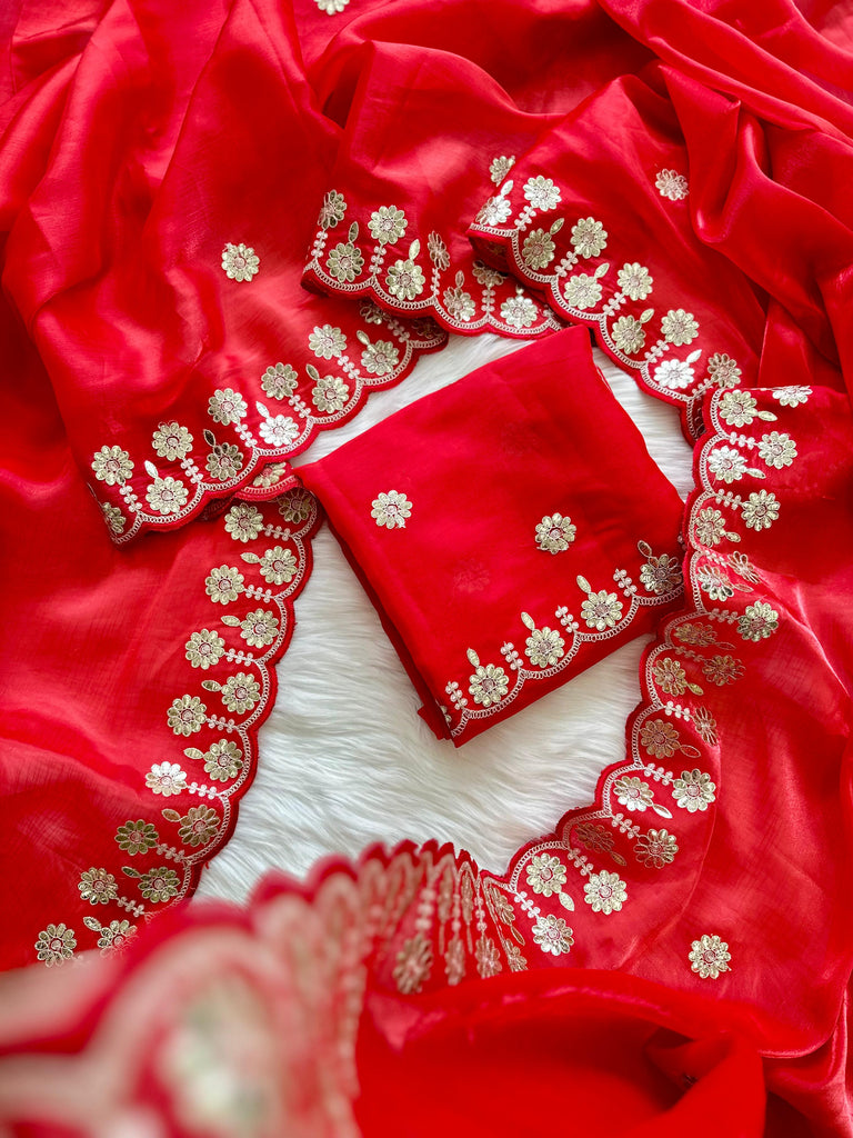 Red Jimmy Choo Saree with Beautiful Jaipuri Gota Work – Complete with Matching Running Blouse ClothsVilla