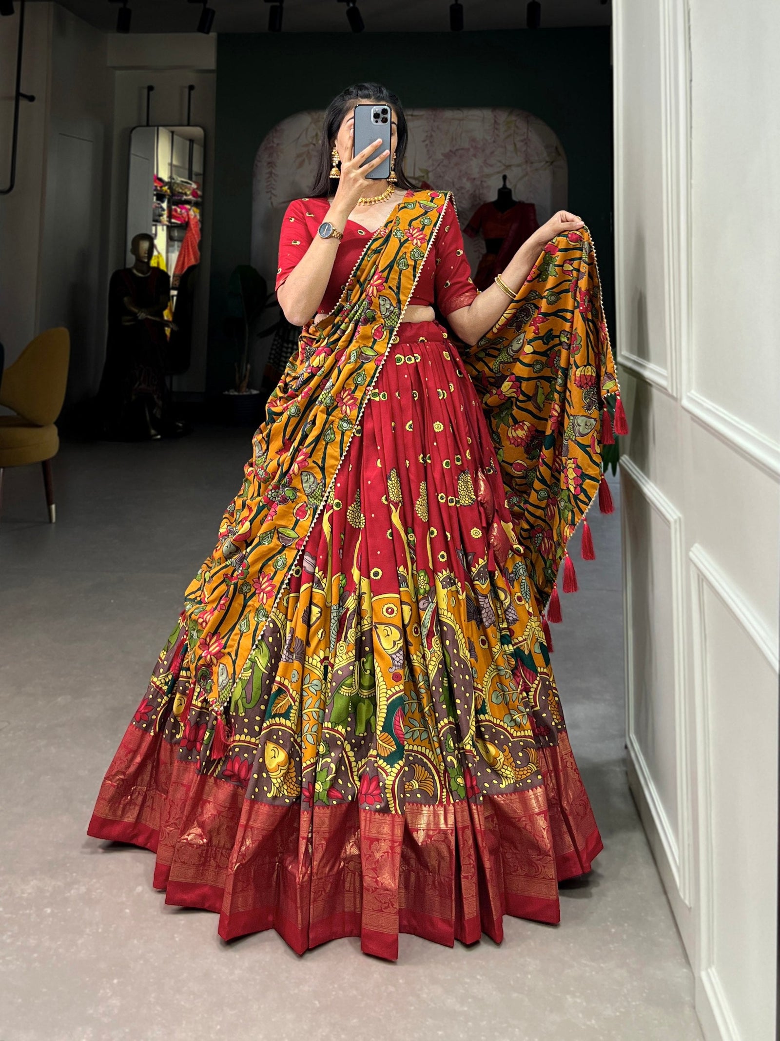 Red Kalamkari Print Silk Lehenga ClothsVilla