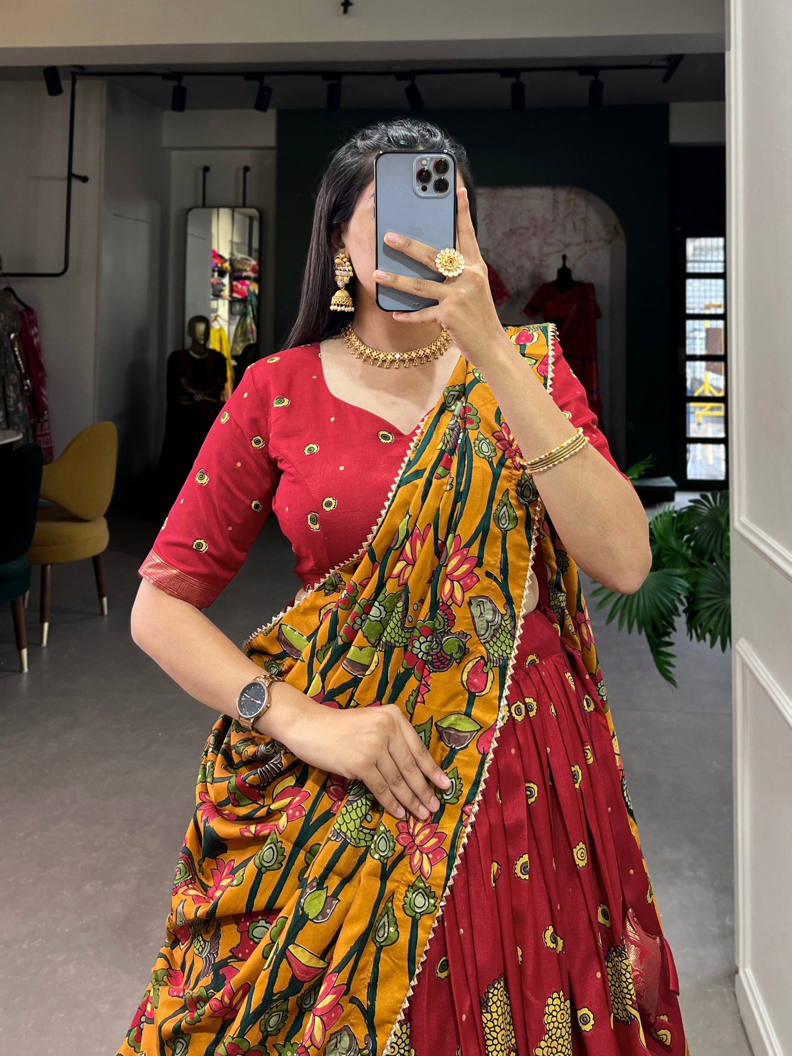 Red Kalamkari Print Silk Lehenga ClothsVilla